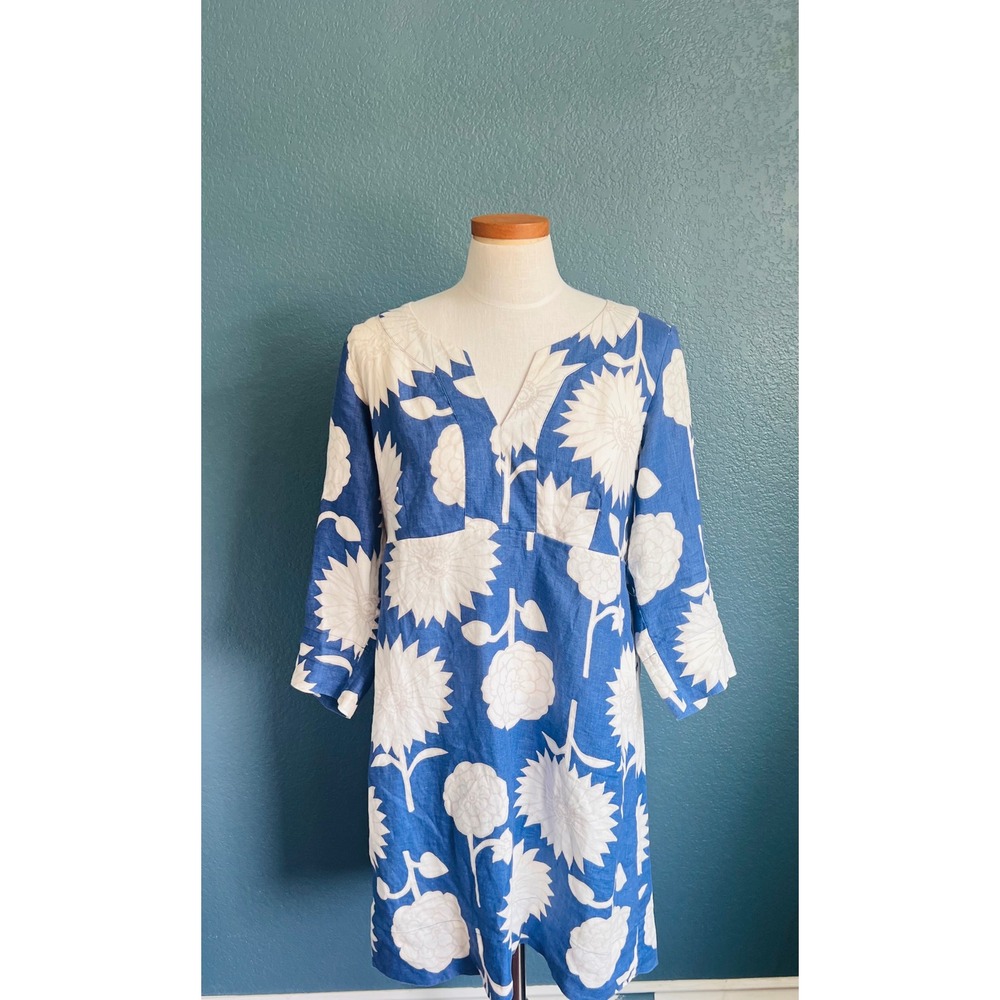 Boden Blue Linen Floral 3/4 Sleeve Knee Length Boho Cottage Dress Womens Size 16